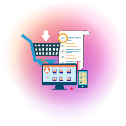 A computer monitor and a shopping cart 